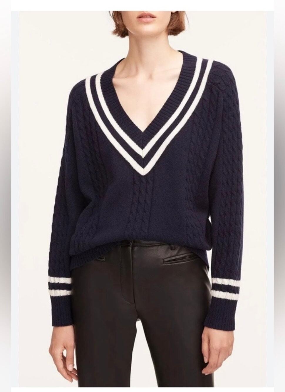 Rebecca Taylor Navy Contrast Tipped V-Neck Varsity Pullover Sweater Size Small